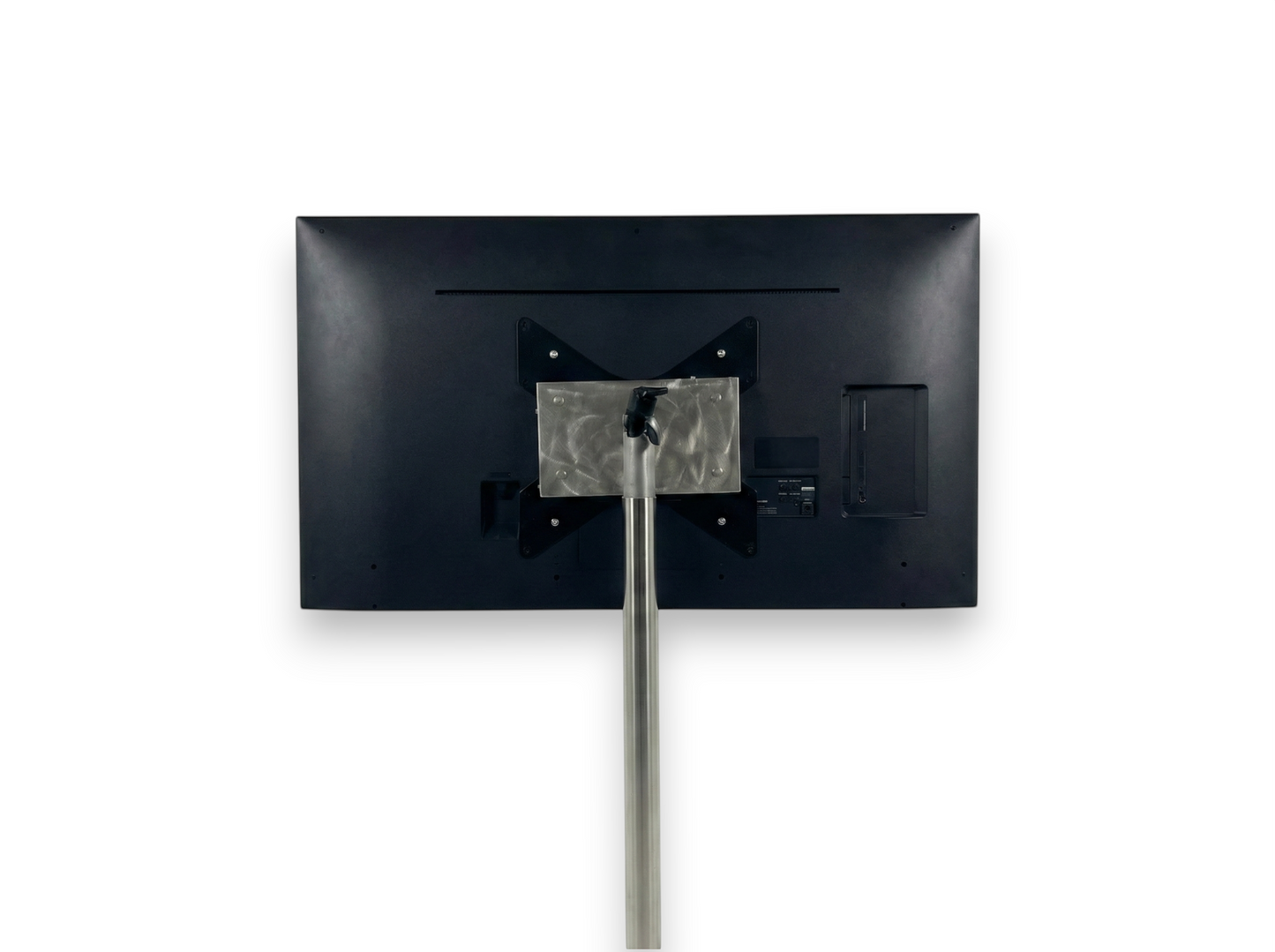 messe.shop 55" Full HD screen on a silver stand, ideal for trade shows and events.