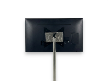 messe.shop 55" Full HD screen on a silver stand, ideal for trade shows and events.