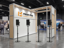 messe.shop black PA speaker system on stands for trade shows up to 100m², clear voice transmission.