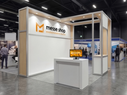 messe.shop 24" Full HD monitor with stand, ideal for trade shows and events. Black bezel with red accent.