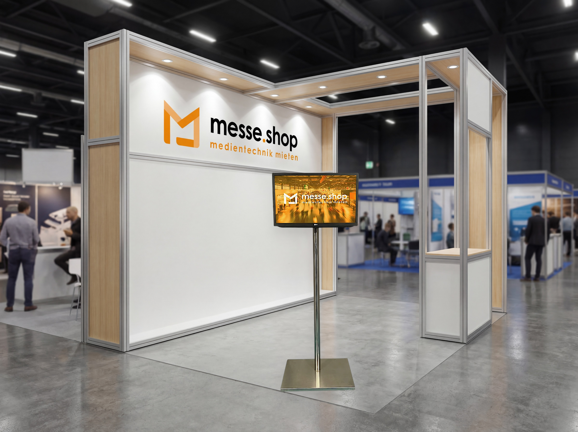 messe.shop 32-inch Full HD screen on a silver stand, ideal for trade shows and events.