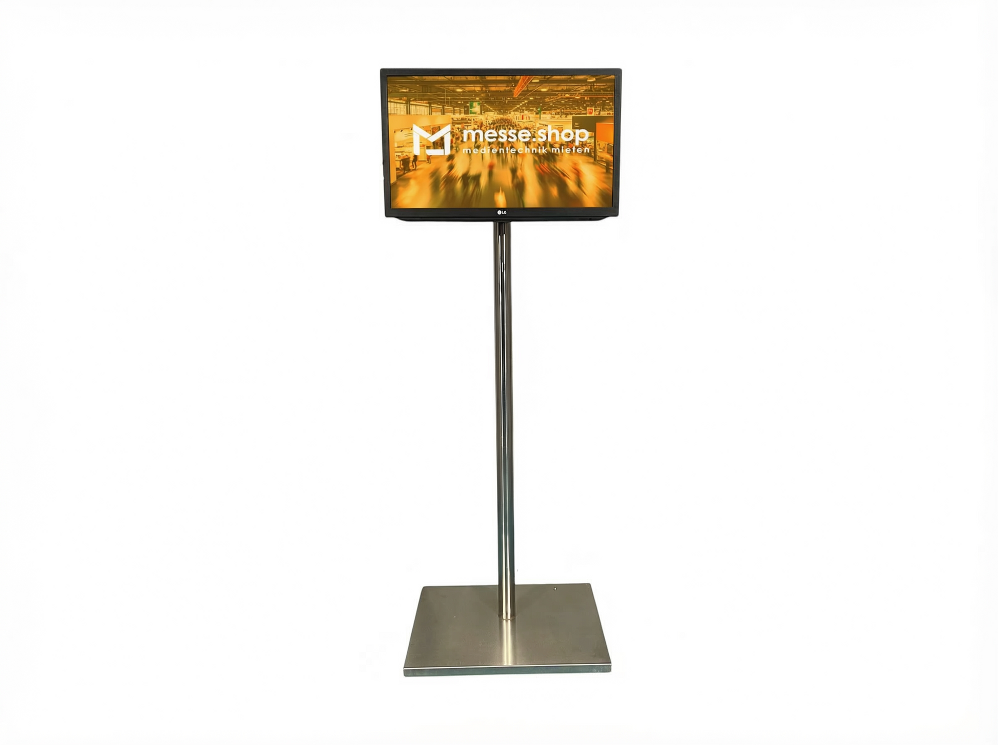 messe.shop 32-inch Full HD screen on a silver stand, ideal for trade shows and events.