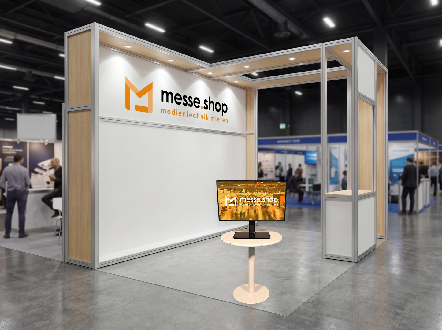 messe.shop 32 inch Full HD screen on a stand, ideal for trade shows and events.