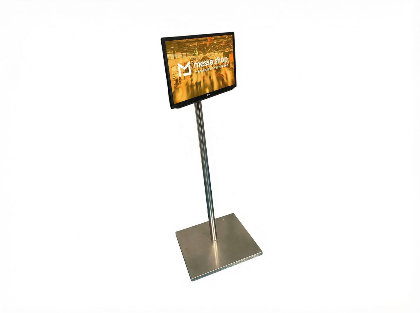 messe.shop 32-inch Full HD screen on a silver stand, ideal for trade shows and events.