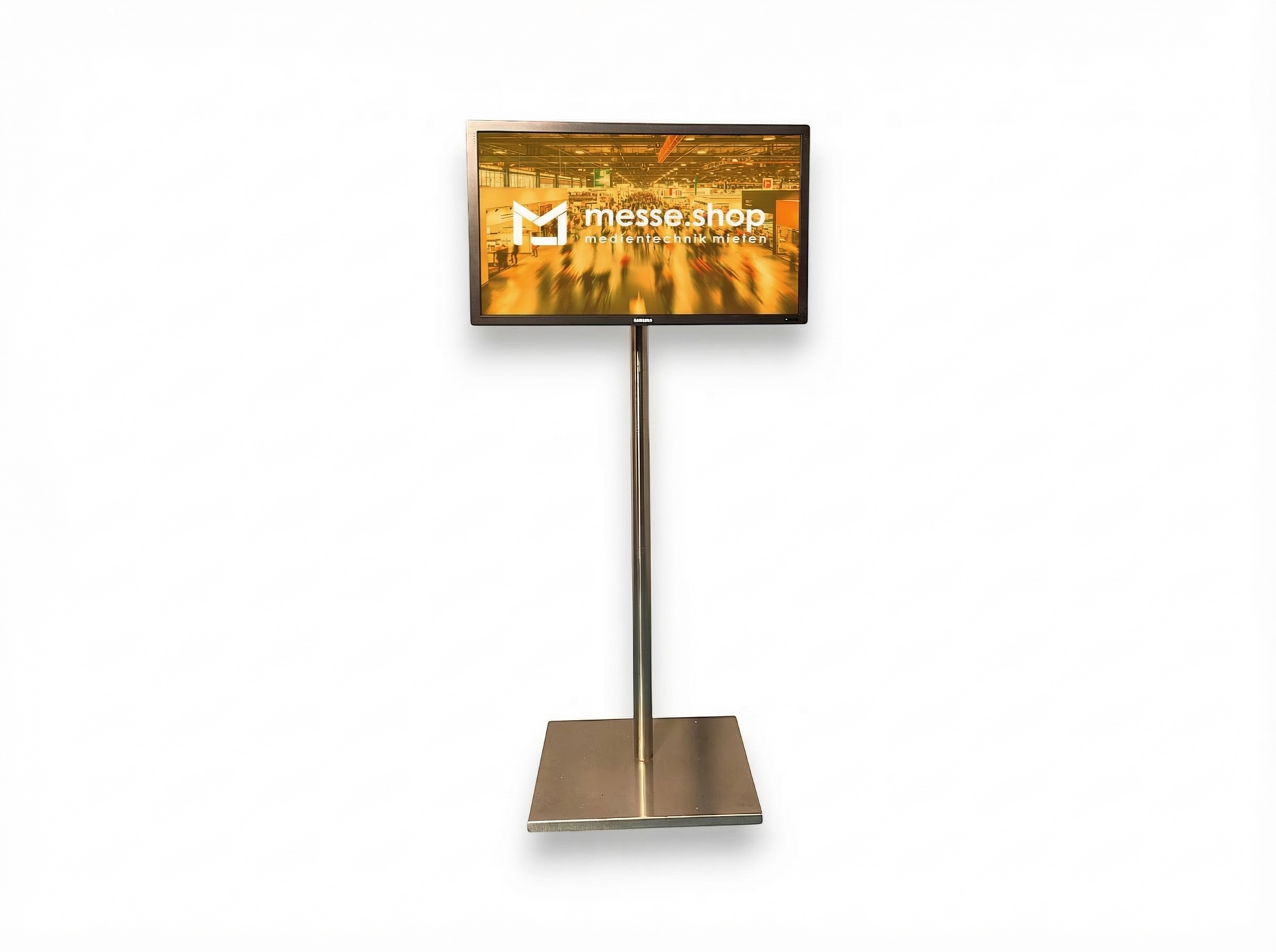 messe.shop 42 inch multi-touch screen display on a silver stand for interactive presentations.