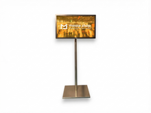 messe.shop 42 inch multi-touch screen display on a silver stand for interactive presentations.