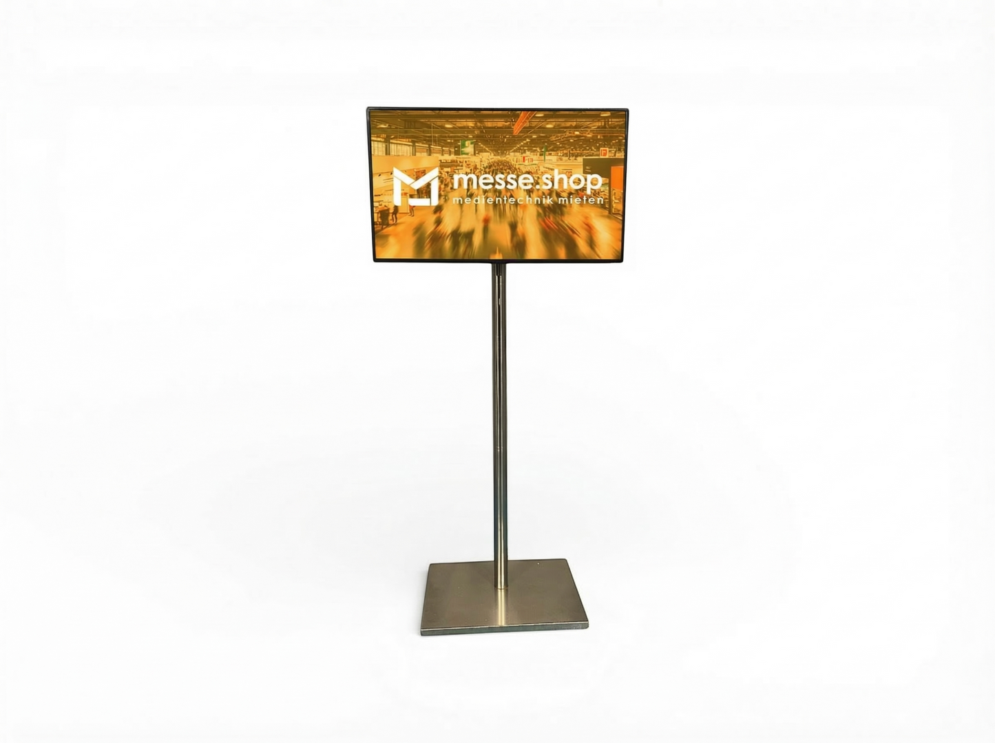 messe.shop 43 inch Full HD screen on a silver stand, ideal for trade shows and events.