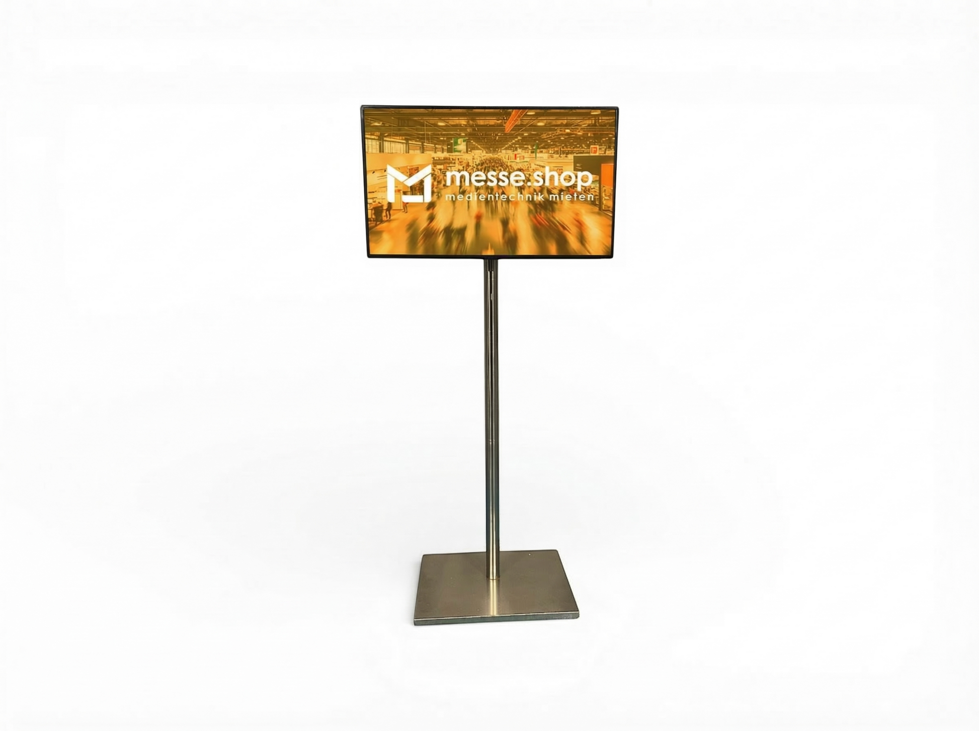 messe.shop 43 inch Full HD screen on a silver stand, ideal for trade shows and events.