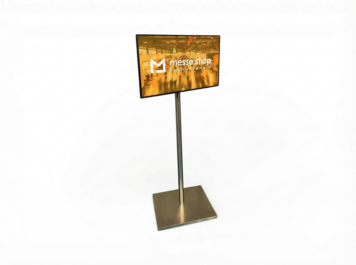 messe.shop 43 inch Full HD screen on a silver stand, ideal for trade shows and events.