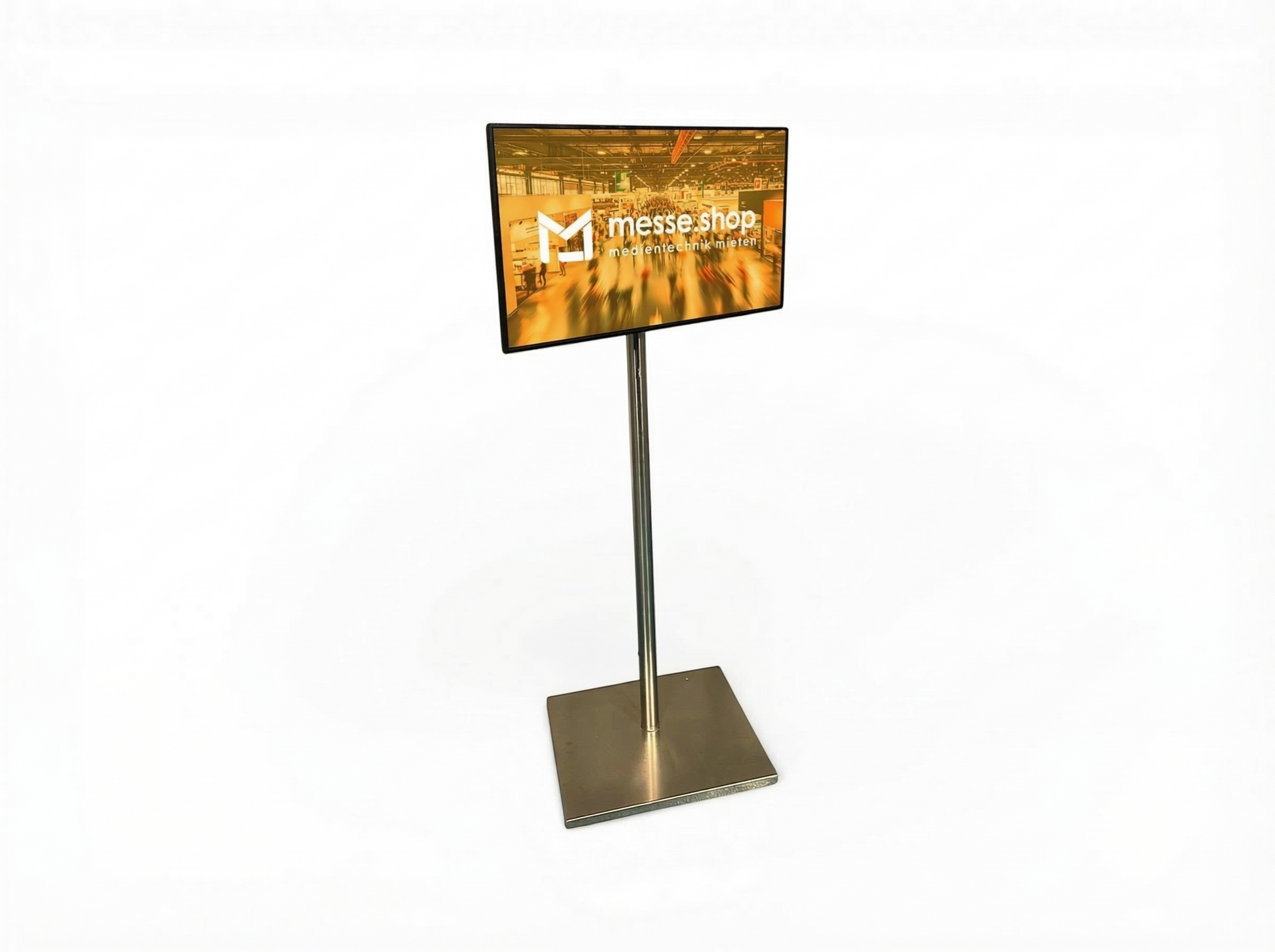 messe.shop 43 inch Full HD screen on a silver stand, ideal for trade shows and events.