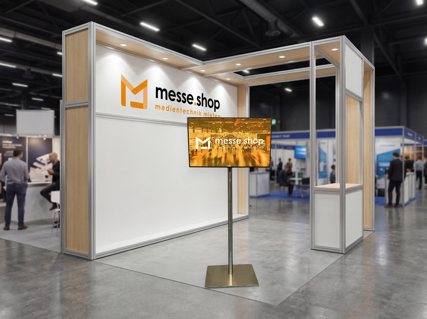 messe.shop 43 inch Full HD screen on a silver stand, ideal for trade shows and events.