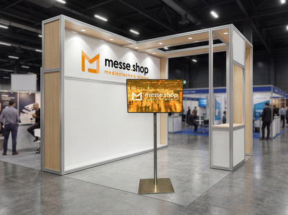 messe.shop 43 inch Full HD screen on a silver stand, ideal for trade shows and events.