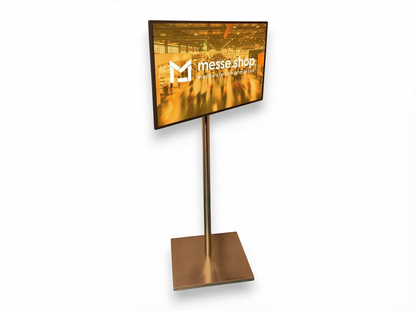 messe.shop 50 inch Full HD screen on a gold stand, ideal for trade shows and events.