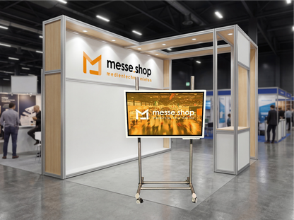 messe.shop 55" white multitouch screen on a silver stand with wheels, ideal for interactive trade show presentations.