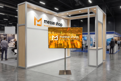 messe.shop 65" Full HD screen on a silver stand, ideal for trade shows and events.