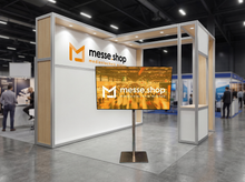 messe.shop 75 inch Full HD screen on a silver stand, ideal for trade shows and events.