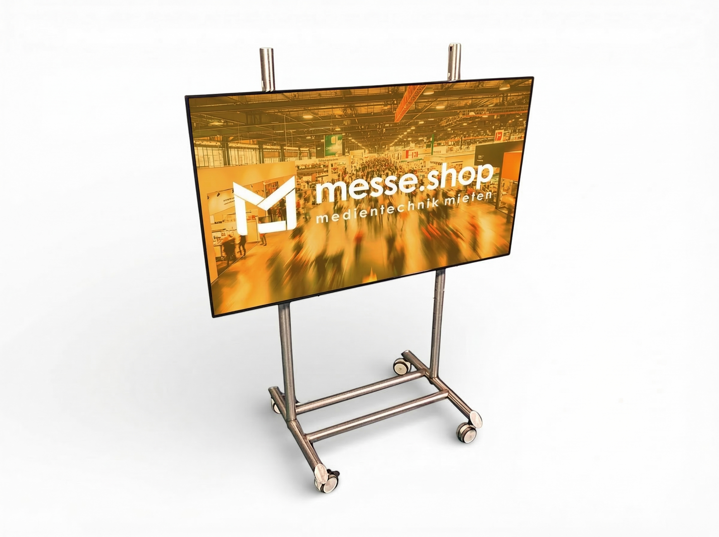 messe.shop 75" multitouch screen on a rolling stand for interactive trade show presentations.