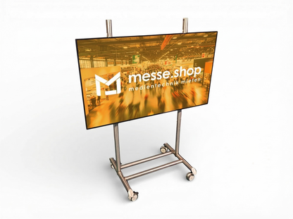 messe.shop 75" multitouch screen on a rolling stand for interactive trade show presentations.
