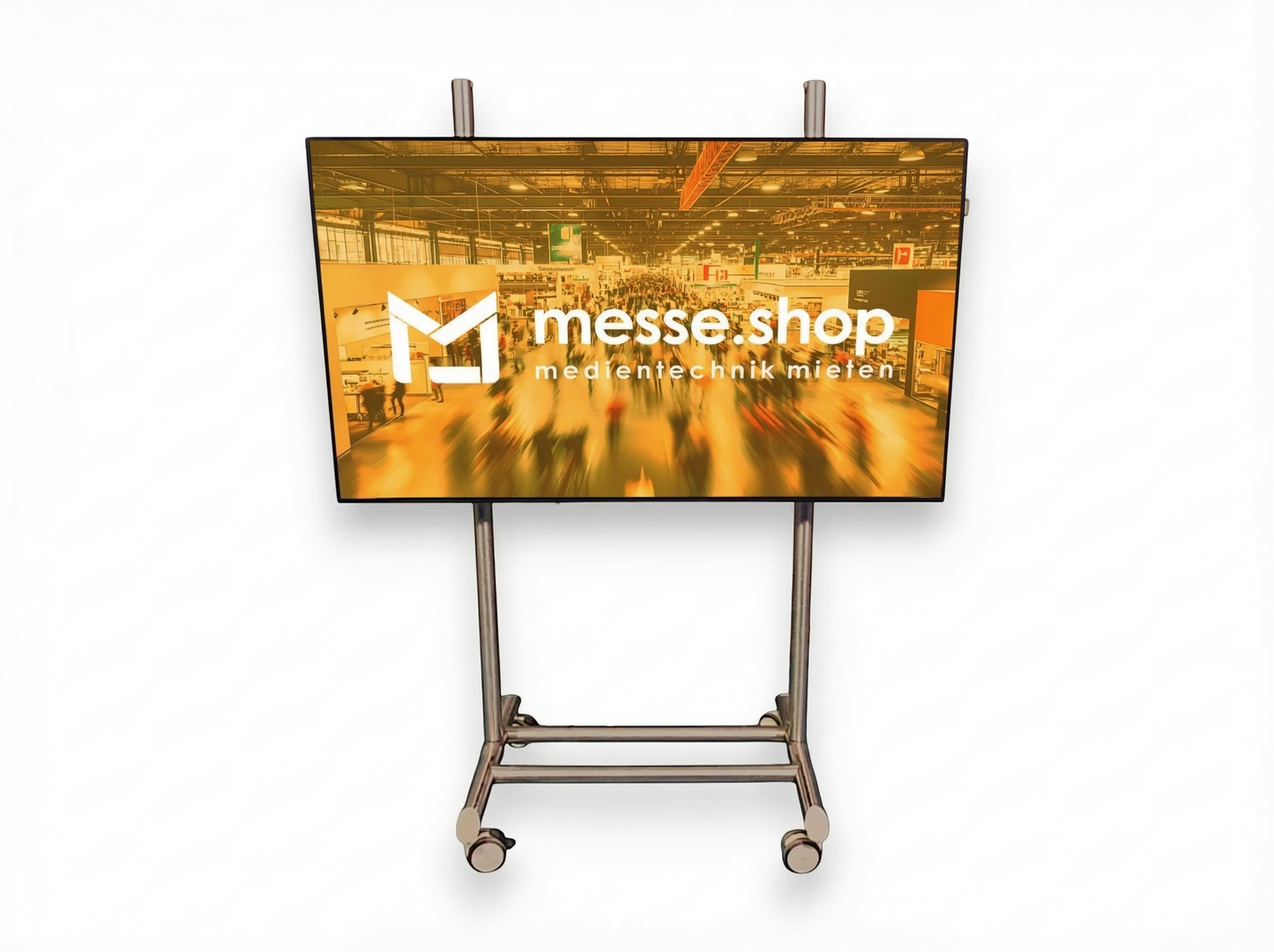 messe.shop 75 inch multitouch screen on a mobile stand, ideal for interactive trade show presentations.
