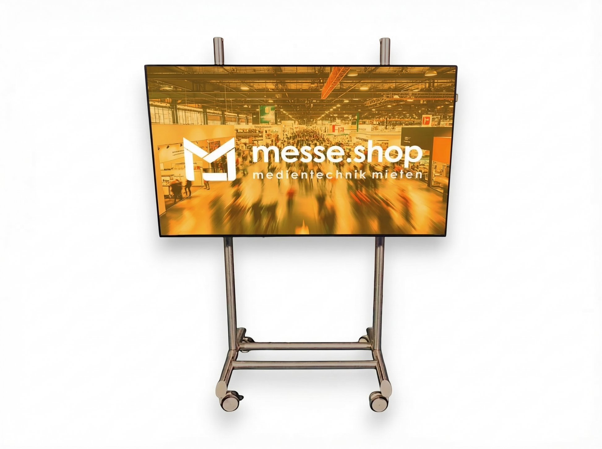 messe.shop 75 inch multitouch screen on a mobile stand, ideal for interactive trade show presentations.