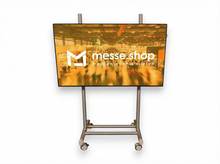 messe.shop 75 inch multitouch screen on a mobile stand, ideal for interactive trade show presentations.