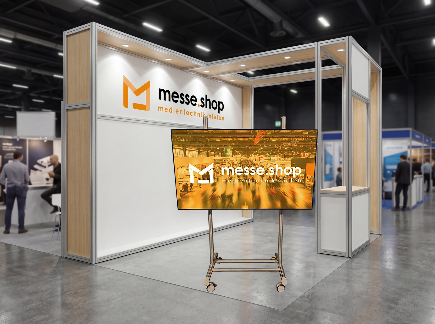 messe.shop 75" multitouch screen on a stand, ideal for interactive trade show presentations and events.