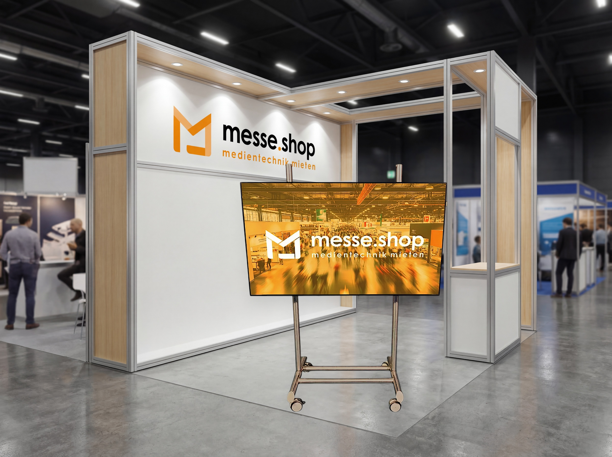 messe.shop 75" multitouch screen on a stand, ideal for interactive trade show presentations and events.