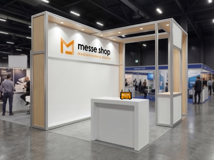 Black Apple iPad in a stand, displaying the messe.shop logo and a blurred image of a busy trade show. Ideal for event rentals.