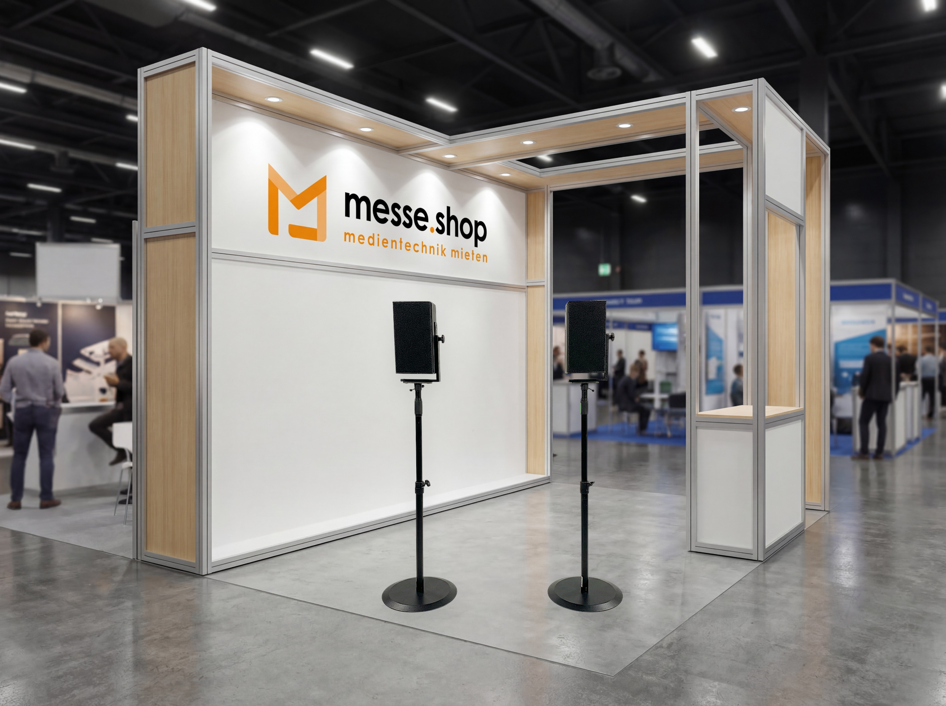 messe.shop black portable PA speaker system on stands for events up to 50m