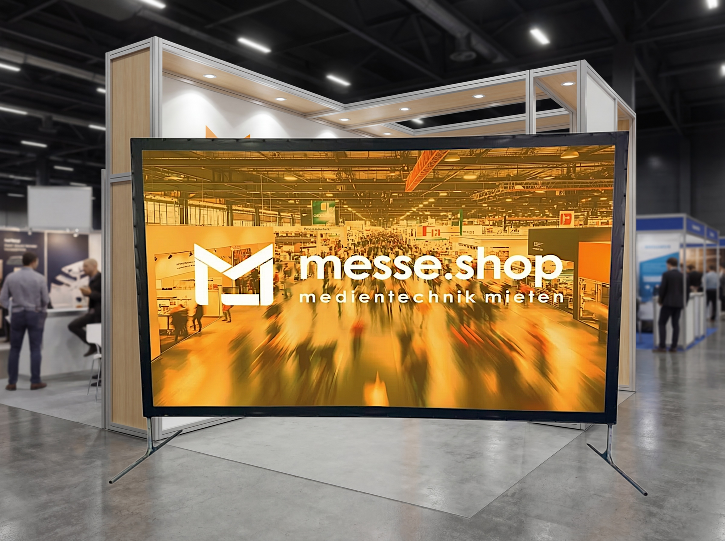 messe.shop portable projection screen with stand, ideal for trade shows and events.