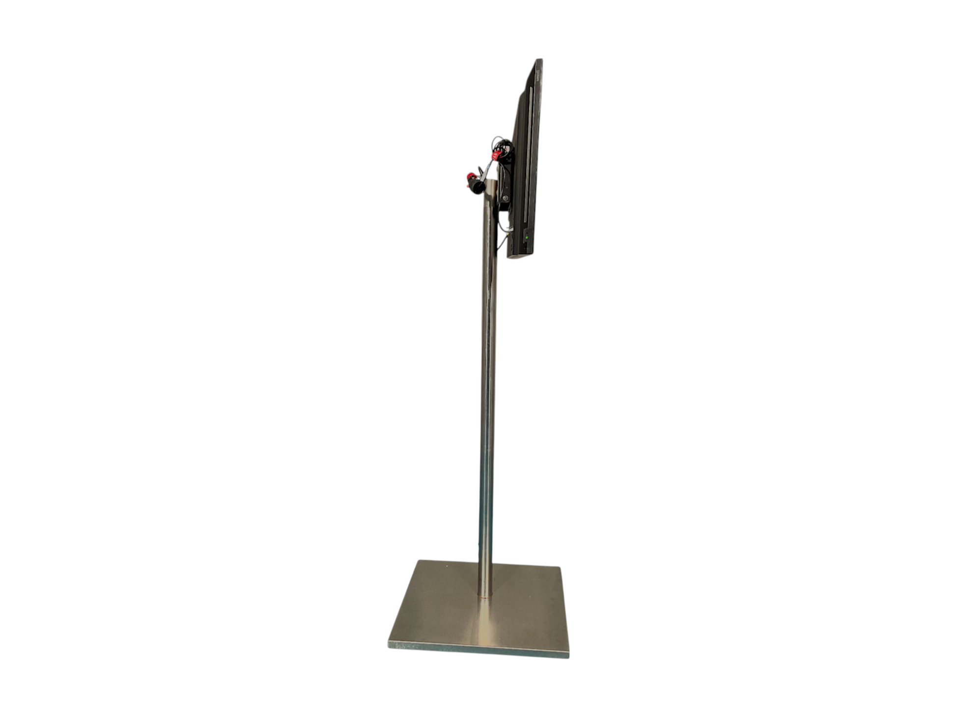 messe.shop 43" Full HD monitor on a silver floor stand, ideal for trade shows and events.